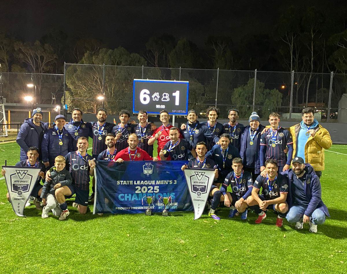 Altona North senior men's squad celebrating their 2025 State League 3 championship